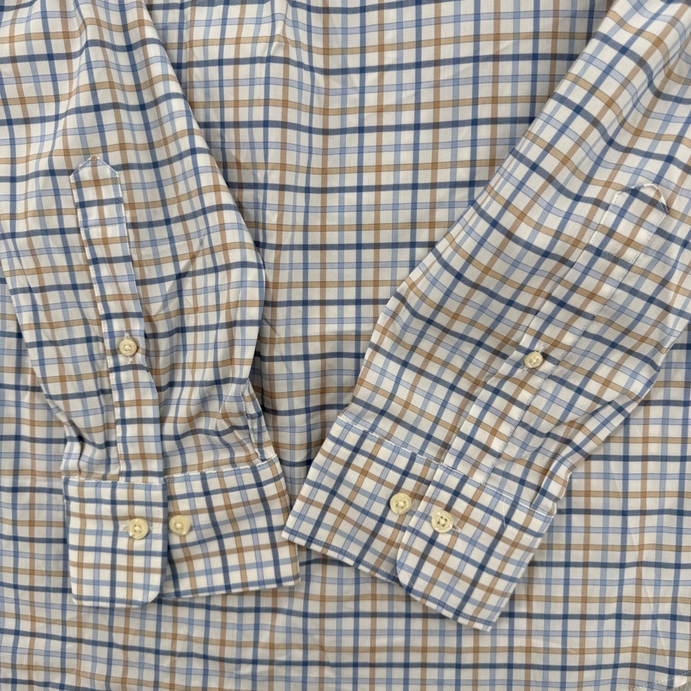 Peter Millar Crown Lite Mens Blue Tan Plaid Button Down Shirt Casual Size XL - Picture 6 of 16